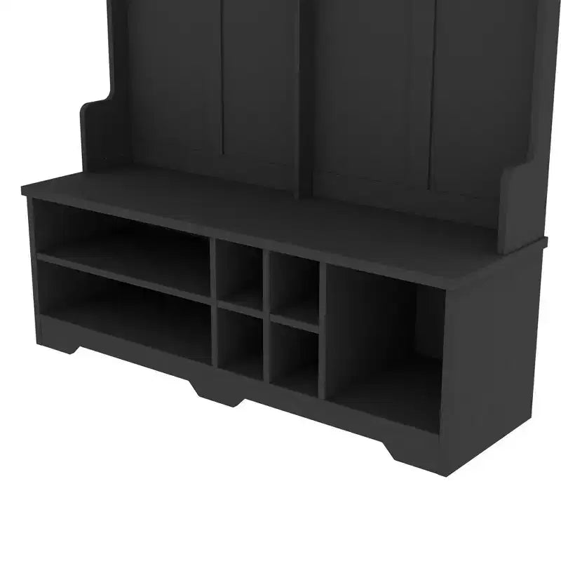 Okak Modern Hall Tree with 6 Metal Hooks and Ample Storage, Coat Rack with Shoe Cubbies and Bench, Coat Tree for Living Room, Entryway, Black