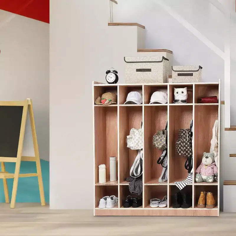 5 Section Coat Locker with Wheels,Wooden Storage Cabinet Cassroom Storage Glazed Surface Cubby,Mobile Storage,Anti-Tip Kit,5 Hooks 10 Cubbies