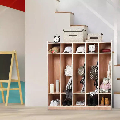 5 Section Coat Locker with Wheels,Wooden Storage Cabinet Cassroom Storage Glazed Surface Cubby,Mobile Storage,Anti-Tip Kit,5 Hooks 10 Cubbies