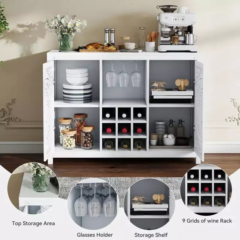 AEELLEEA Wine Bar Cabinet with 2 Doors MDF Buffet Storage Liquor Cabinet with Wine Rack and Glass Holder for Living Dining Room Kitchen White