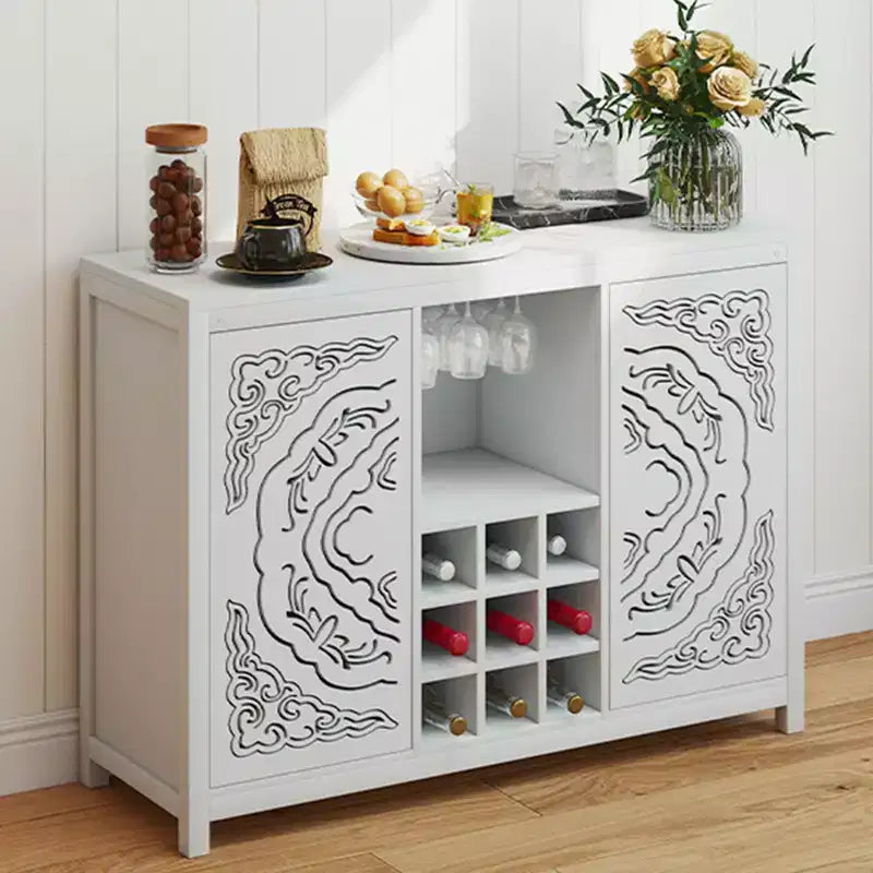AEELLEEA Wine Bar Cabinet with 2 Doors MDF Buffet Storage Liquor Cabinet with Wine Rack and Glass Holder for Living Dining Room Kitchen White