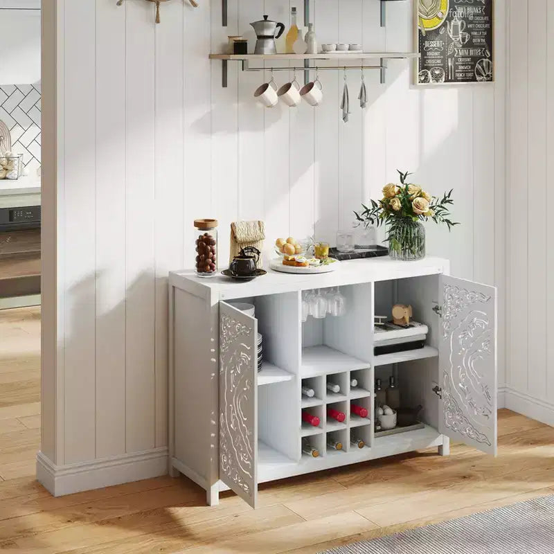 AEELLEEA Wine Bar Cabinet with 2 Doors MDF Buffet Storage Liquor Cabinet with Wine Rack and Glass Holder for Living Dining Room Kitchen White