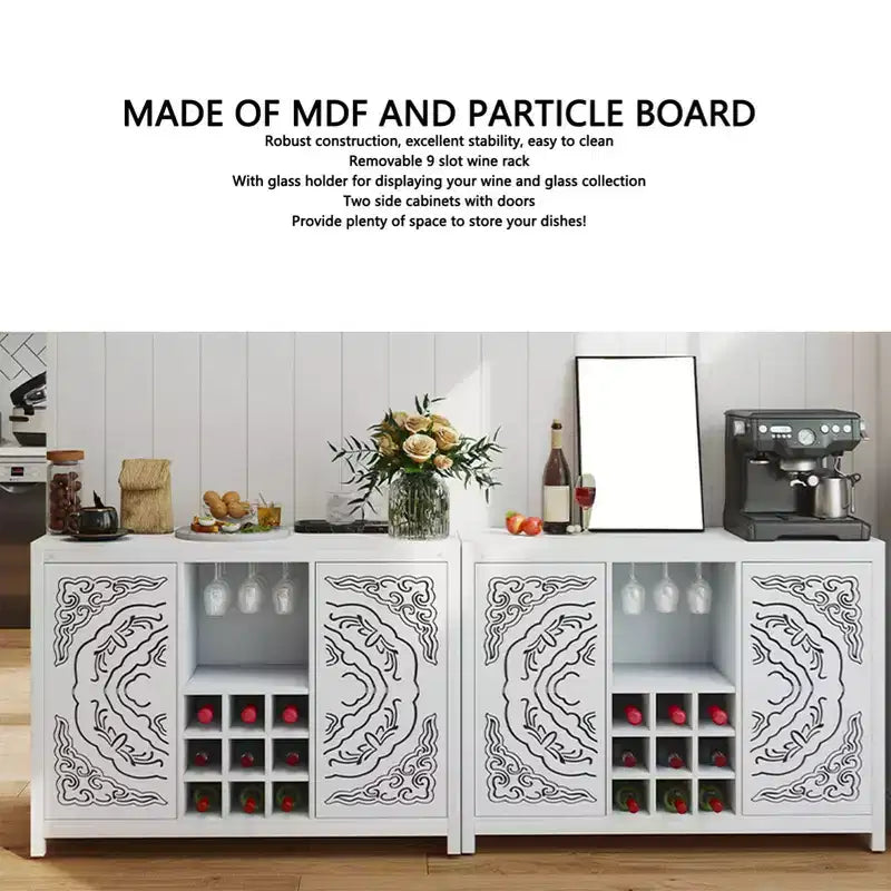 AEELLEEA Wine Bar Cabinet with 2 Doors MDF Buffet Storage Liquor Cabinet with Wine Rack and Glass Holder for Living Dining Room Kitchen White