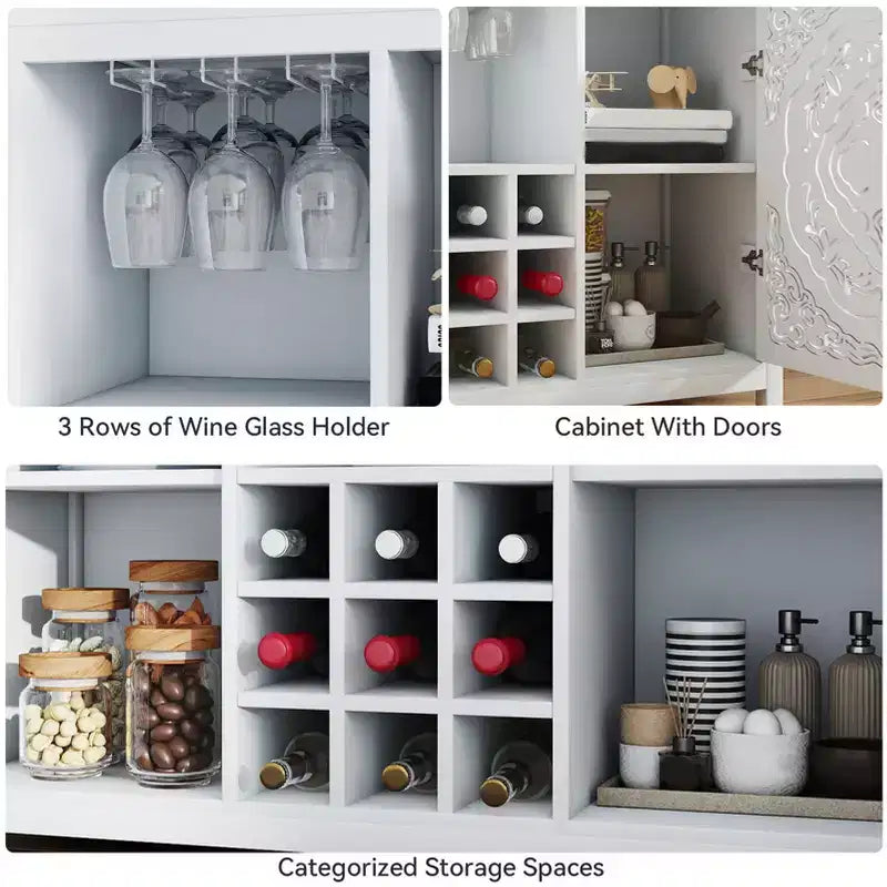 AEELLEEA Wine Bar Cabinet with 2 Doors MDF Buffet Storage Liquor Cabinet with Wine Rack and Glass Holder for Living Dining Room Kitchen White