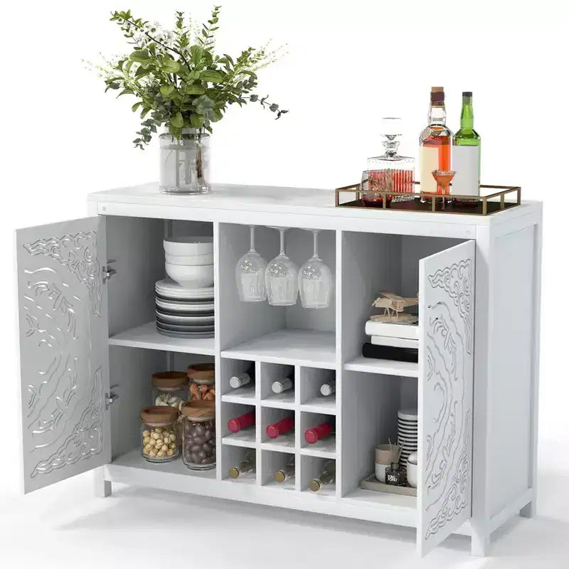 AEELLEEA Wine Bar Cabinet with 2 Doors MDF Buffet Storage Liquor Cabinet with Wine Rack and Glass Holder for Living Dining Room Kitchen White