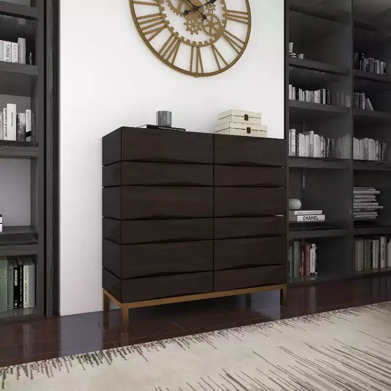 Contemporary Bold Facet Carved Wood Side Cabinet Brown Arched Design, No Assembly Required