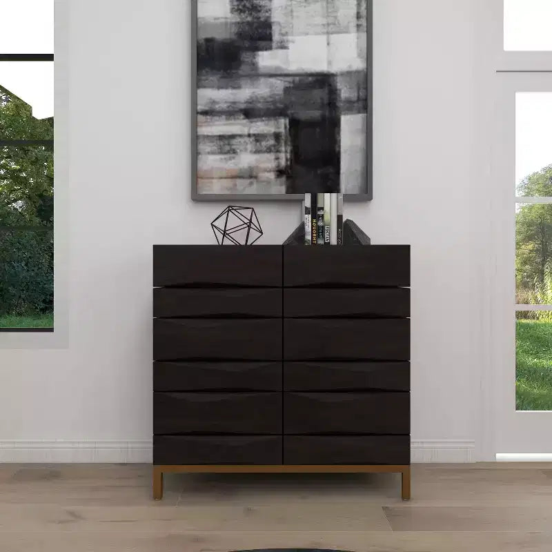 Contemporary Bold Facet Carved Wood Side Cabinet Brown Arched Design, No Assembly Required