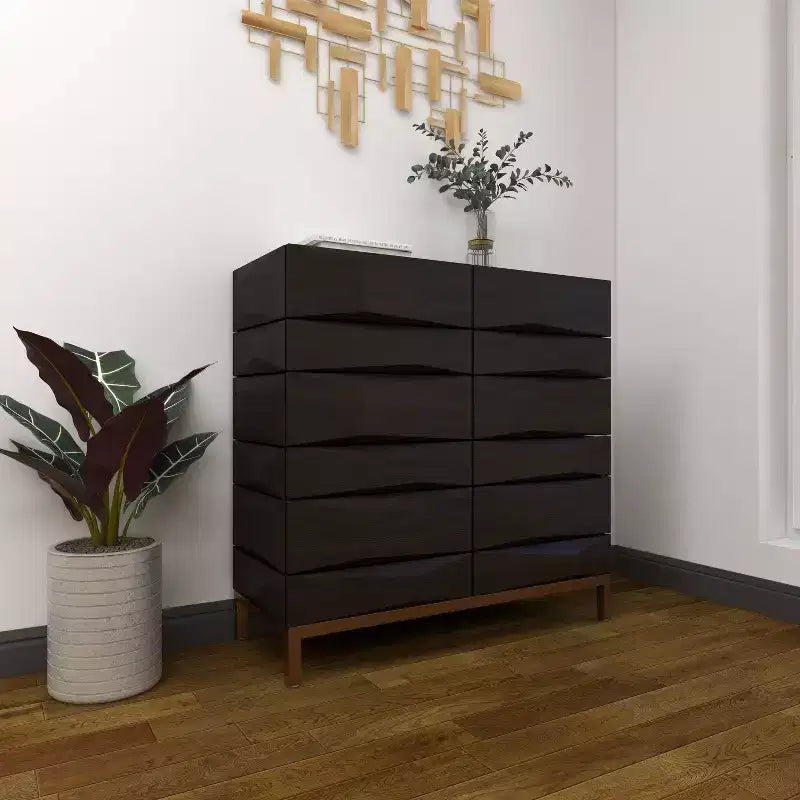 Contemporary Bold Facet Carved Wood Side Cabinet Brown Arched Design, No Assembly Required