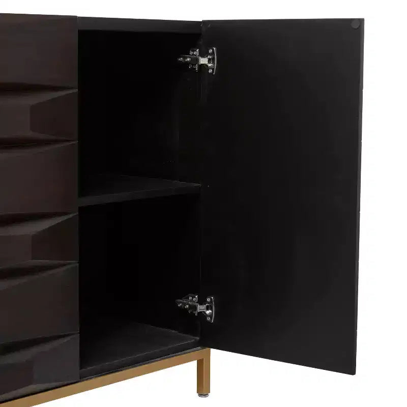 Contemporary Bold Facet Carved Wood Side Cabinet Brown Arched Design, No Assembly Required