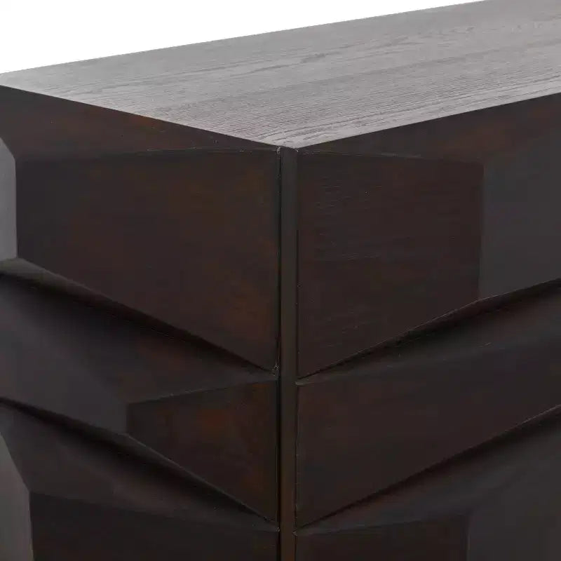 Contemporary Bold Facet Carved Wood Side Cabinet Brown Arched Design, No Assembly Required