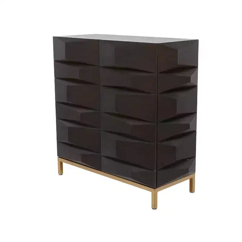 Contemporary Bold Facet Carved Wood Side Cabinet Brown Arched Design, No Assembly Required