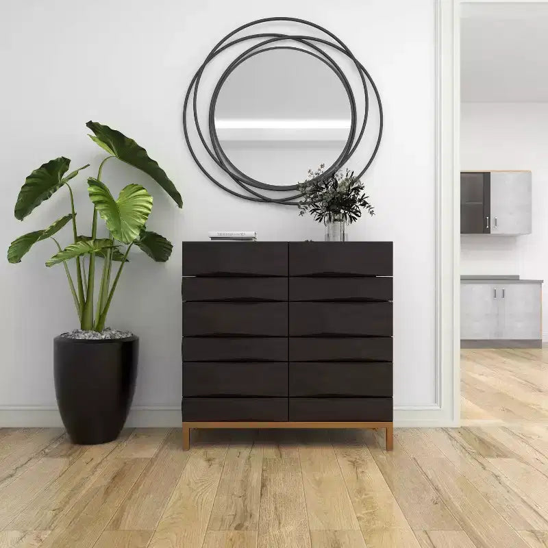 Contemporary Bold Facet Carved Wood Side Cabinet Brown Arched Design, No Assembly Required