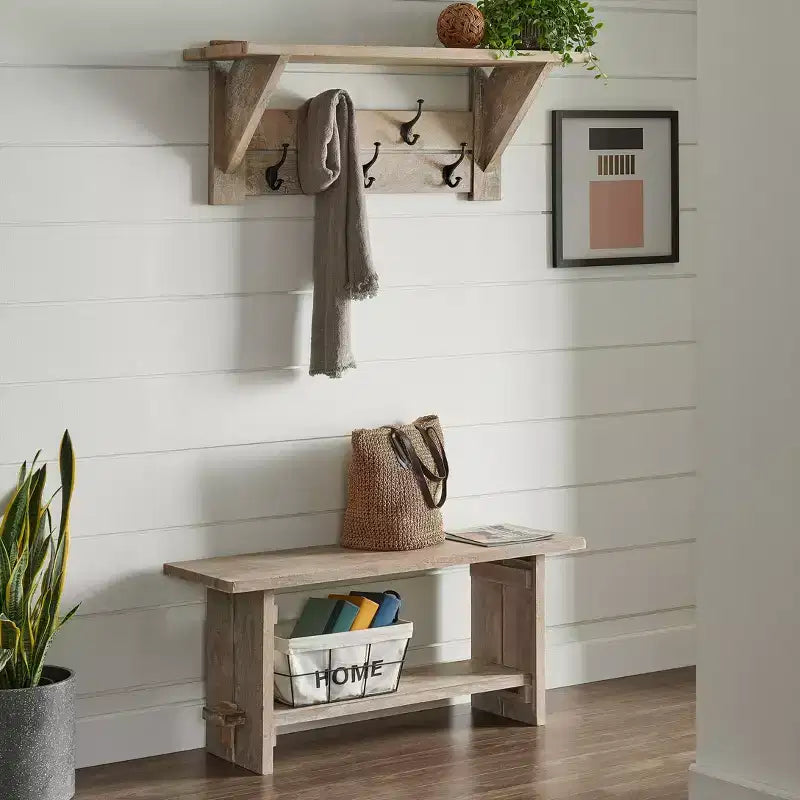 40" Castleton Mango Wood Bench and Coat Hook with Shelf Driftwood
