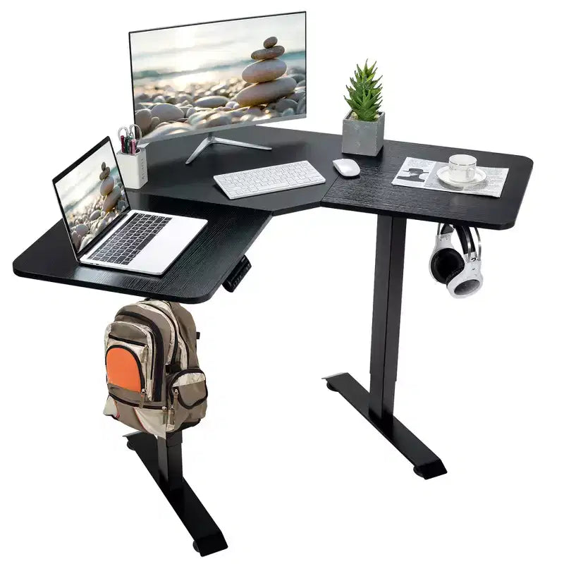 L Shaped Electric Adjustable Standing Desk w/ Controller 2 Hooks Black\Rustic