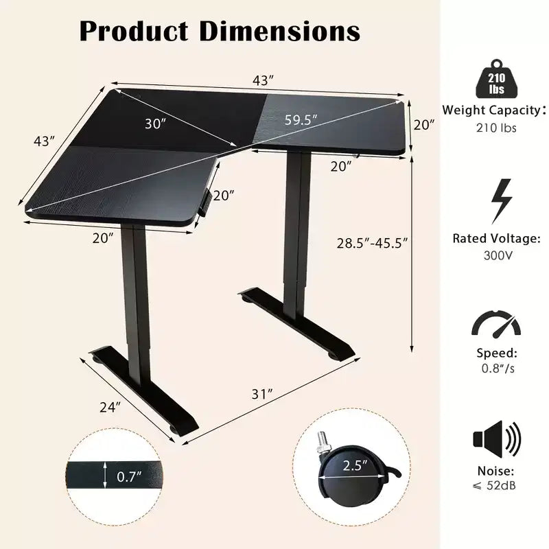 L Shaped Electric Adjustable Standing Desk w/ Controller 2 Hooks Black\Rustic