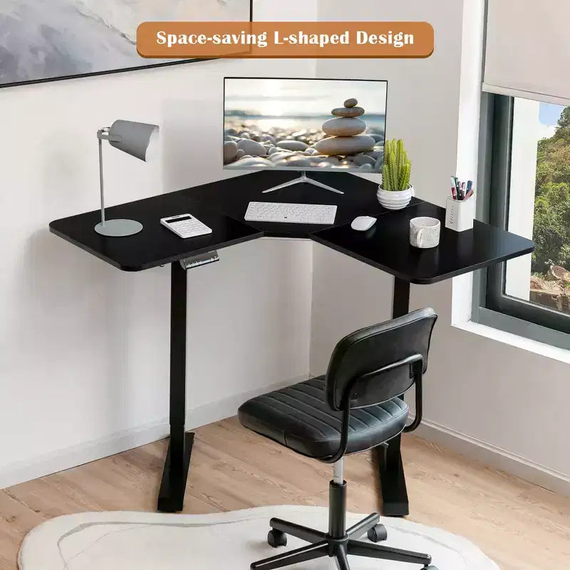L Shaped Electric Adjustable Standing Desk w/ Controller 2 Hooks Black\Rustic