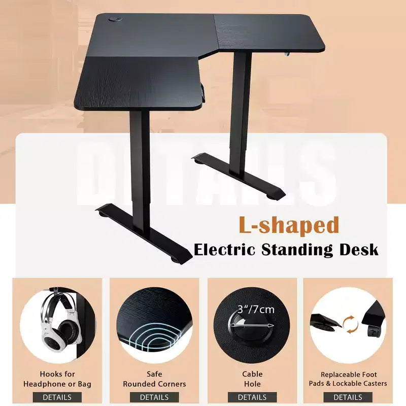 L Shaped Electric Adjustable Standing Desk w/ Controller 2 Hooks Black\Rustic