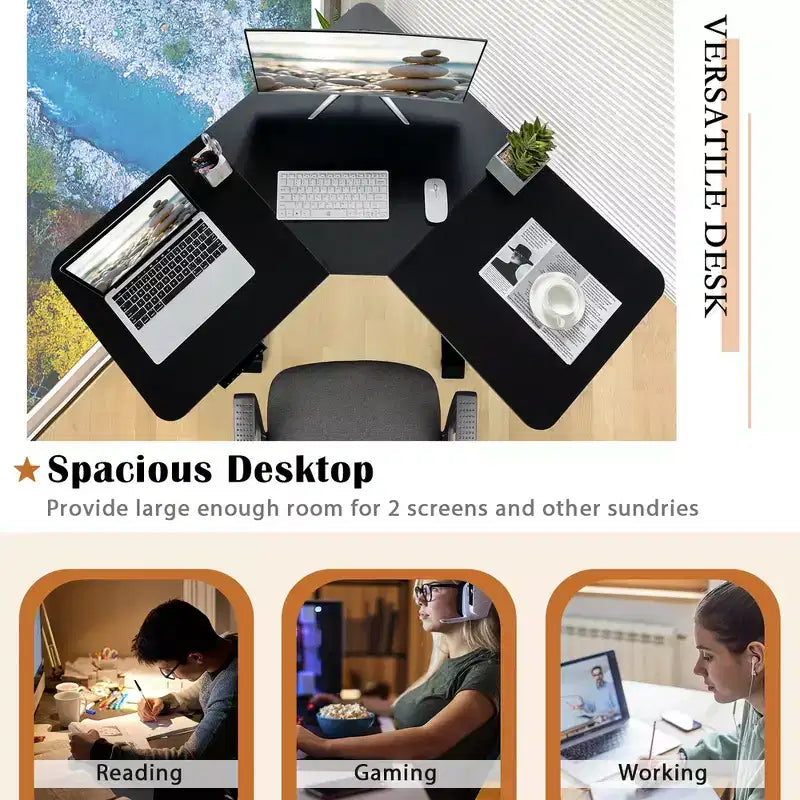 L Shaped Electric Adjustable Standing Desk w/ Controller 2 Hooks Black\Rustic