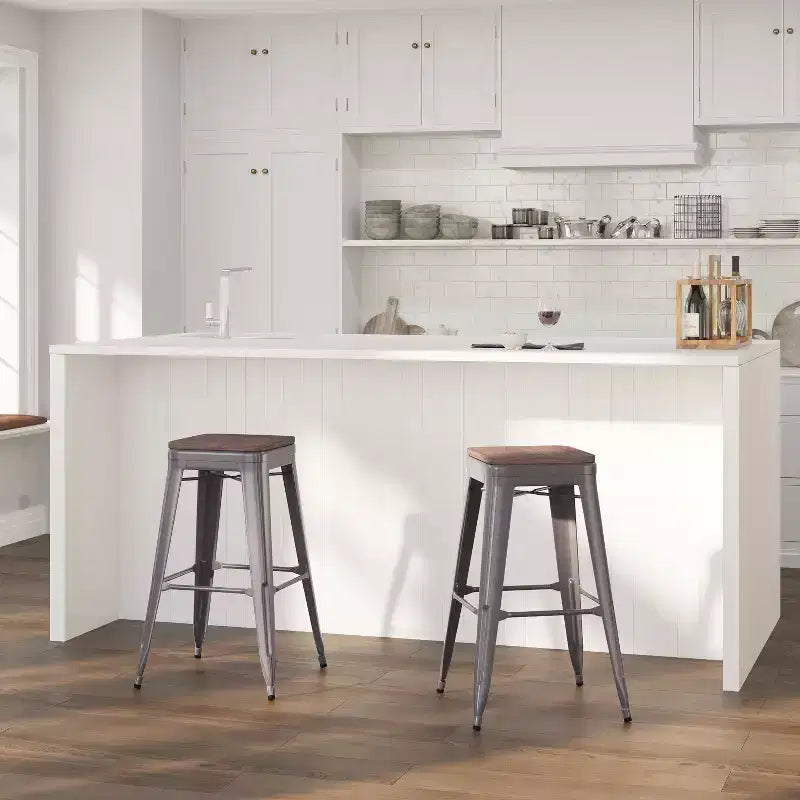 Merrick Lane Clear Coated Gray Metal Bar Counter Stool With Textured Walnut Elm Wood Seat