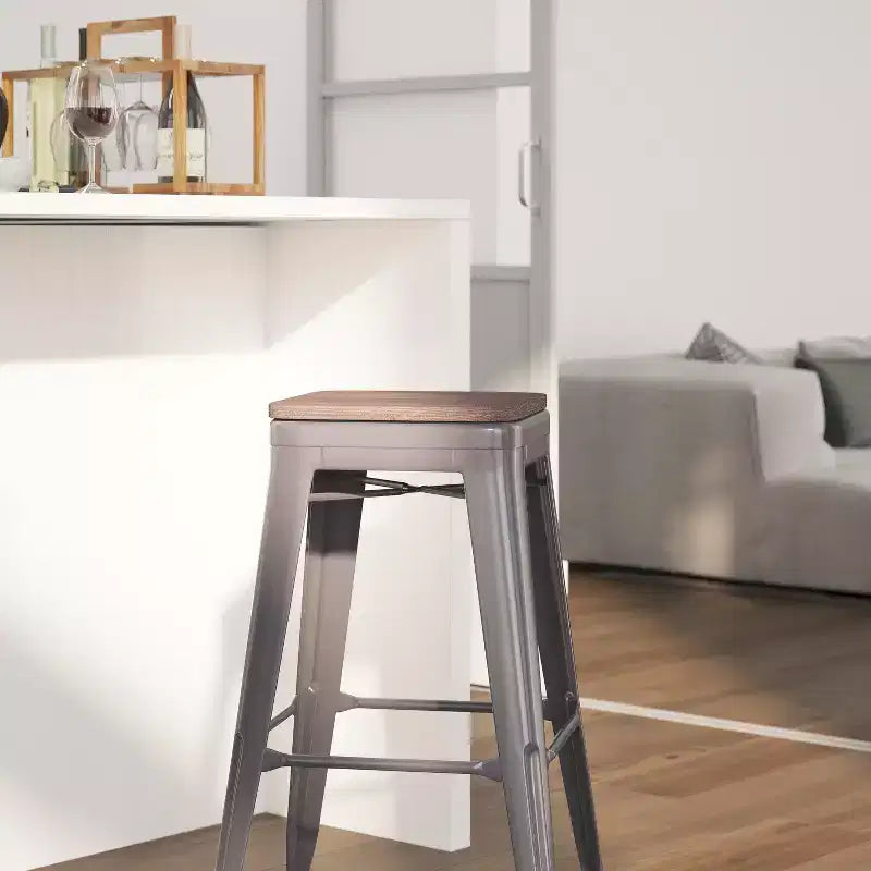 Merrick Lane Clear Coated Gray Metal Bar Counter Stool With Textured Walnut Elm Wood Seat