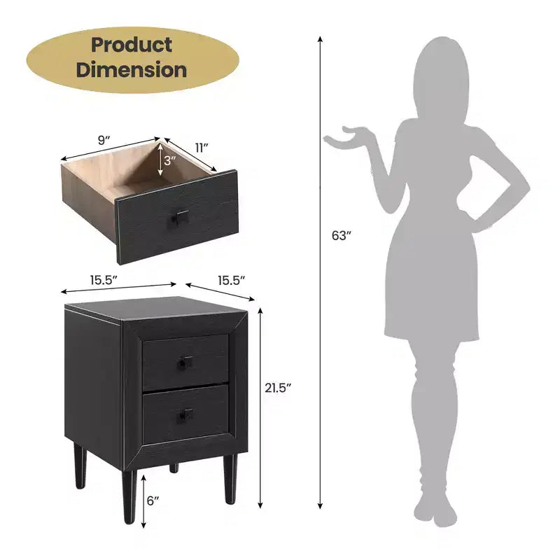 Nightstand End Bedside Coffee Table Wooden Leg Storage Drawers Black\Grey