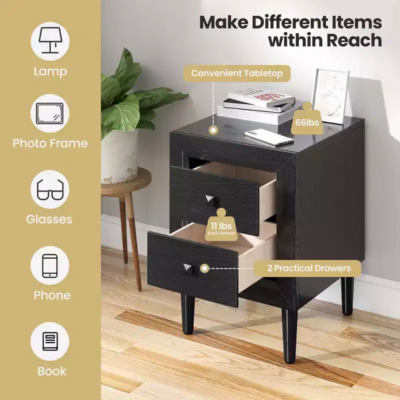 Nightstand End Bedside Coffee Table Wooden Leg Storage Drawers Black\Grey