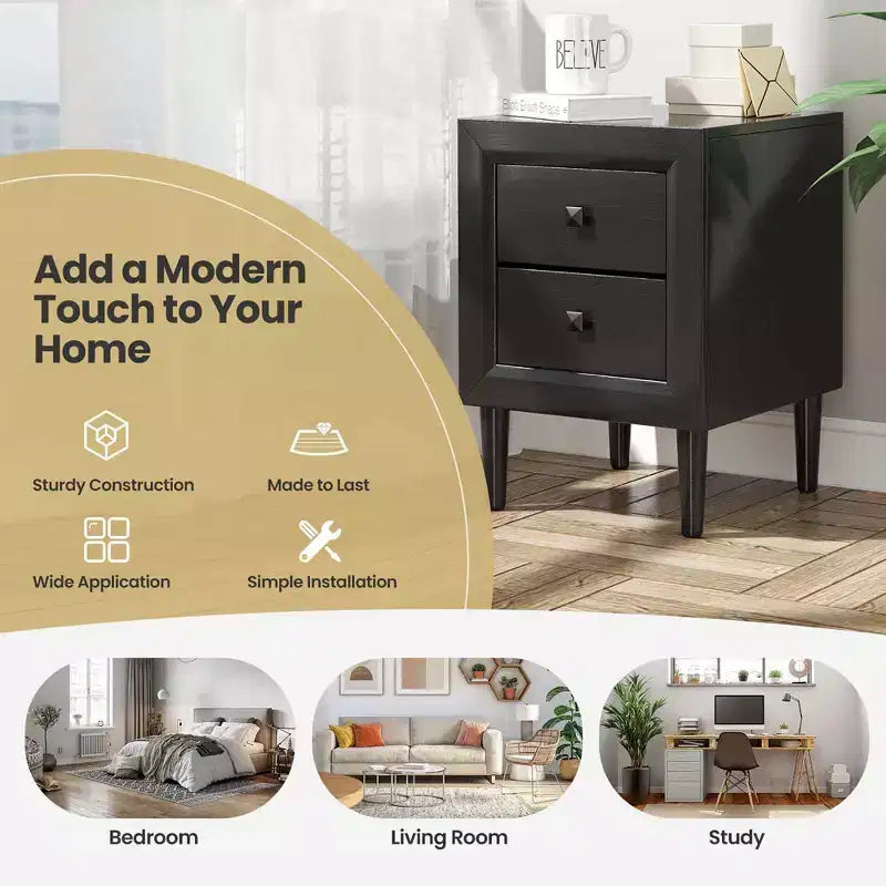 Nightstand End Bedside Coffee Table Wooden Leg Storage Drawers Black\Grey
