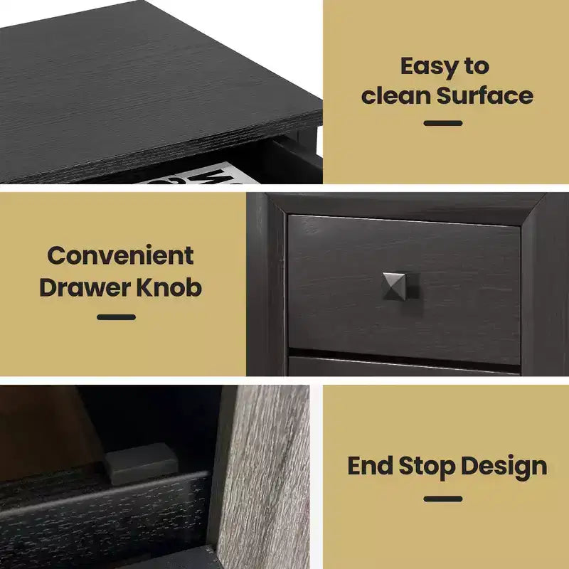 Nightstand End Bedside Coffee Table Wooden Leg Storage Drawers Black\Grey