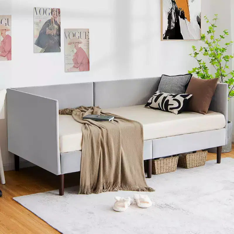 Costway Twin Daybed Upholstered Linen Wooden Sofa Bed Frame Heavy Duty Living Room Grey