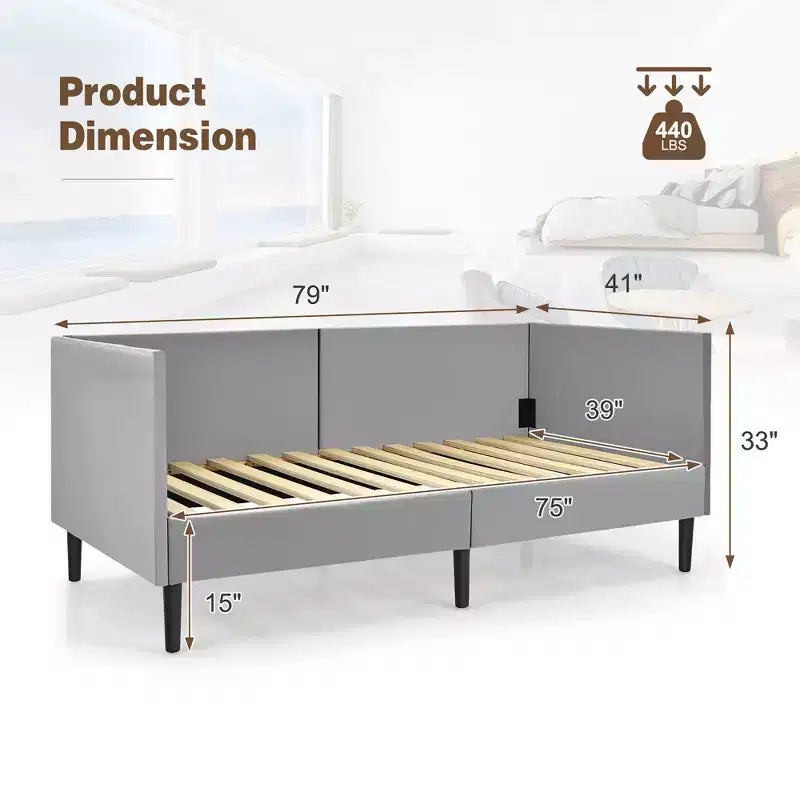 Costway Twin Daybed Upholstered Linen Wooden Sofa Bed Frame Heavy Duty Living Room Grey