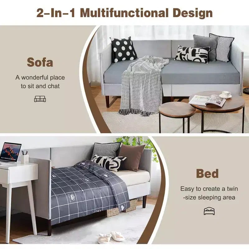 Costway Twin Daybed Upholstered Linen Wooden Sofa Bed Frame Heavy Duty Living Room Grey