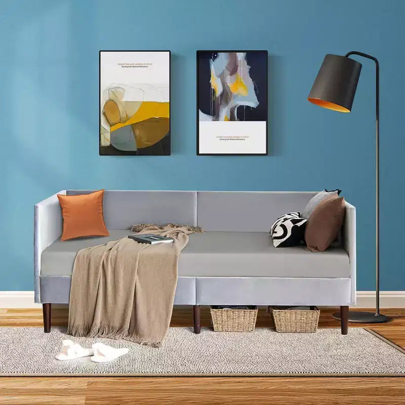 Costway Twin Daybed Upholstered Linen Wooden Sofa Bed Frame Heavy Duty Living Room Grey